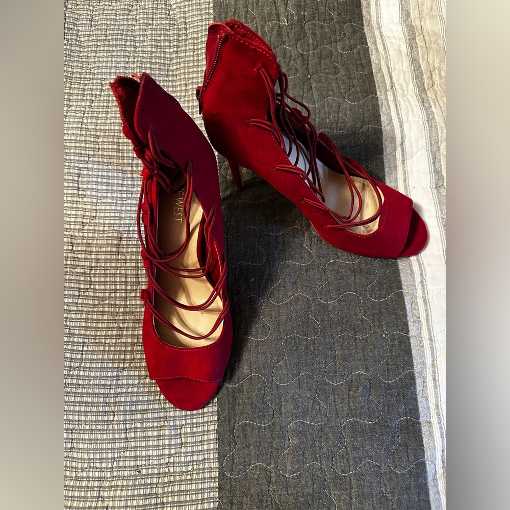 Nine West Strappy Red Peep-Toe Silettos
